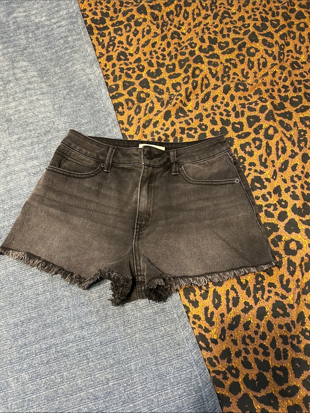 High-Rise Frayed Hem Black Denim Shorts